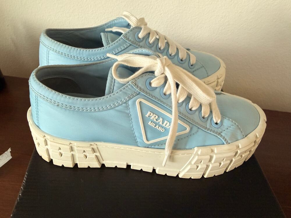 Women's Prada Double Wheel Platform Sneakers, Light Blue, Size 37